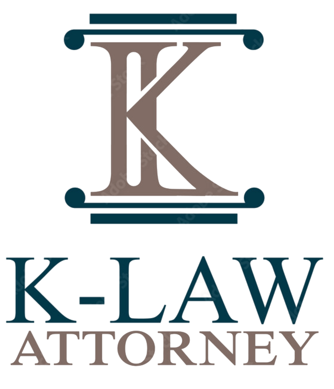 K-LAW ATTORNEY logo with stylized K in teal and gray, with law firm name below