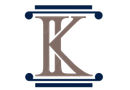 Stylized taupe letter K with dark blue decorative bars above and below on white background