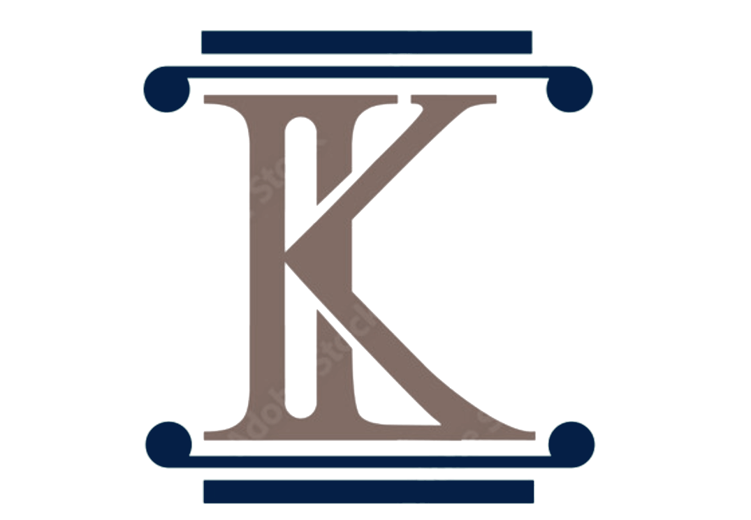 Stylized taupe letter K with dark blue decorative bars above and below on white background