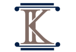 Stylized brown letter K with navy horizontal bars above and below on a white background