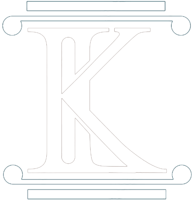 Stylized white capital K with ornamental serif lines on a white background