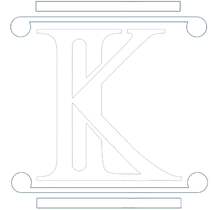Decorative serif letter K in light gray, centered inside a rounded rectangular frame