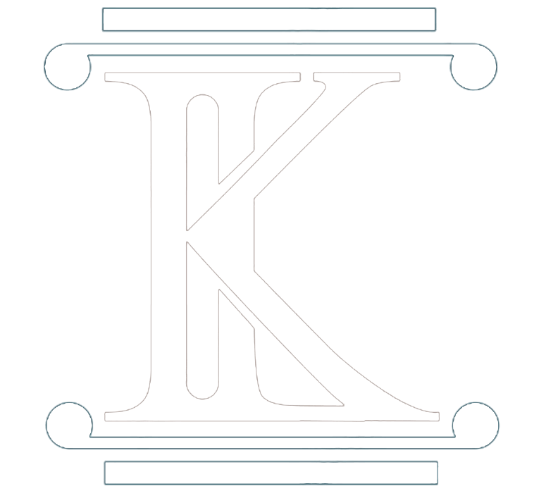 Stylized white serif letter K with ornamental horizontal bars above and below on a light background
