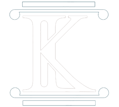Stylized white serif letter K with ornamental horizontal bars above and below on a light background