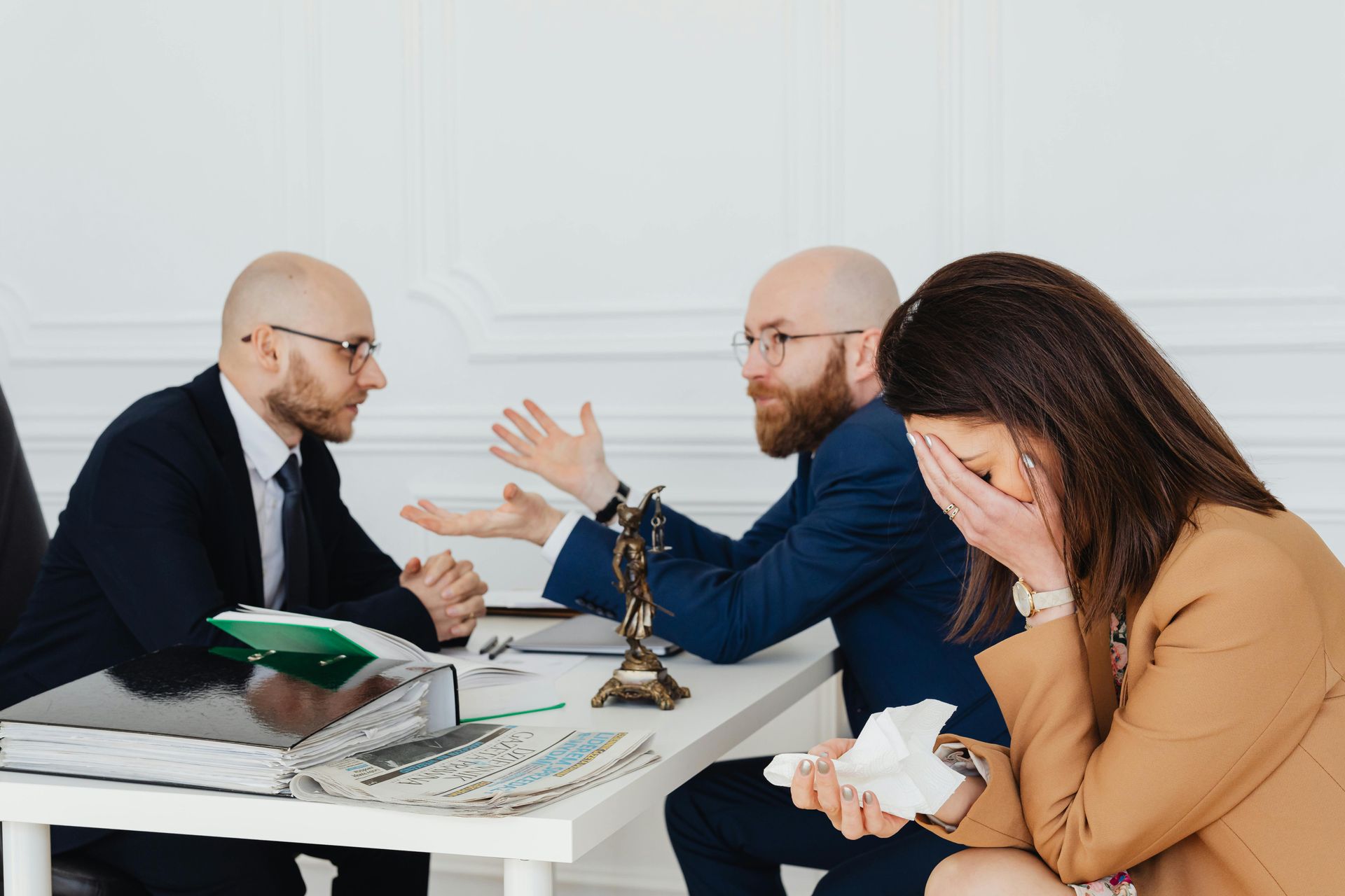 Three people in a tense office meeting, one woman covering her face while two men argue across a desk