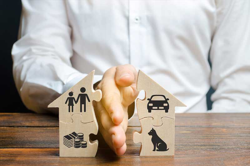 Hands holding a house-shaped cardboard cutout with family, car, money, and pet icons on a wooden table.