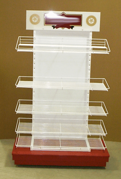 Clear acrylic countertop display rack with multiple shelves and a red base