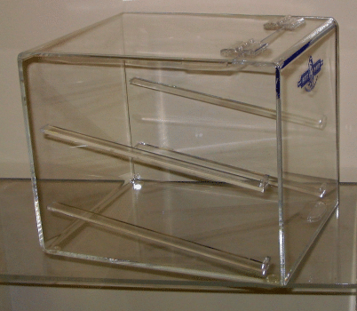 Clear acrylic display case with angled shelves and a hinged lid
