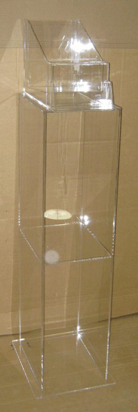Tall clear plastic display box on a beige background, with a reflective top flap and open front.