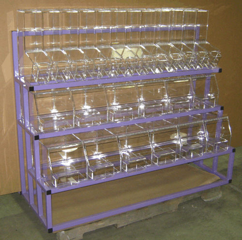 Purple metal display rack with multiple rows of clear acrylic bins or trays