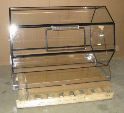 Clear acrylic rectangular enclosure on a wooden base, with a small front access panel and black frame lines.