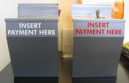 Two gray payment boxes labeled “INSERT PAYMENT HERE,” one with white text and one with red text.