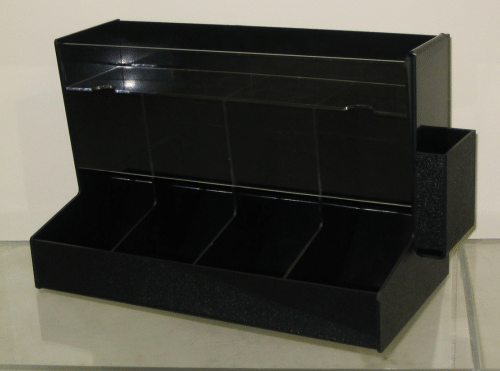 Black tabletop display organizer with four front compartments and a side slot.