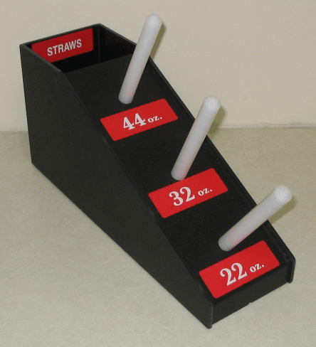 Black stepped straw display with white straws and red labels for 44, 32, and 22 oz cups