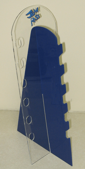 Clear acrylic display stand with a blue insert and round holes on a white background