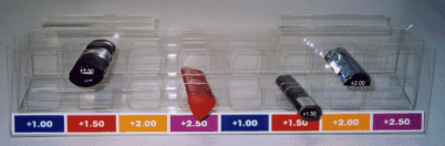Two bottles on a clear shelf, one red bottle in the center, with colored price tags below each item.