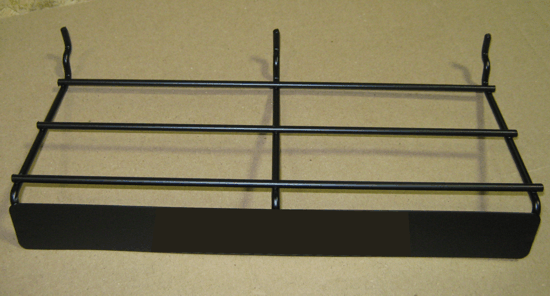 Black metal shelf with three wire bars and raised side supports on a plain background
