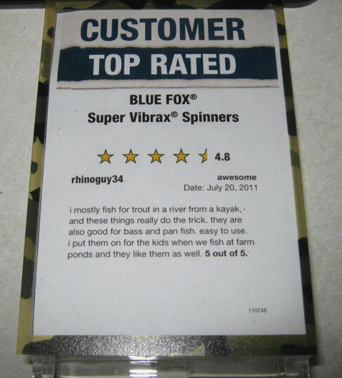 Customer top-rated review for Blue Fox Super Vibrax spinners with 4.8 stars.