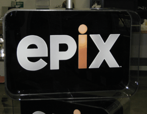 EPix logo in white and orange on a glossy black sign
