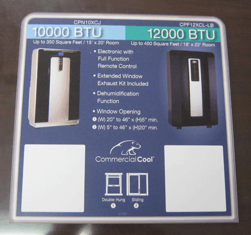 CommercialCool box showing 10,000 and 12,000 BTU window air conditioner specs and dimensions