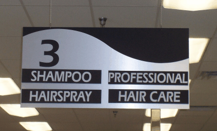 Store sign for shampoo, hairspray, professional hair care, black and white with large number 3