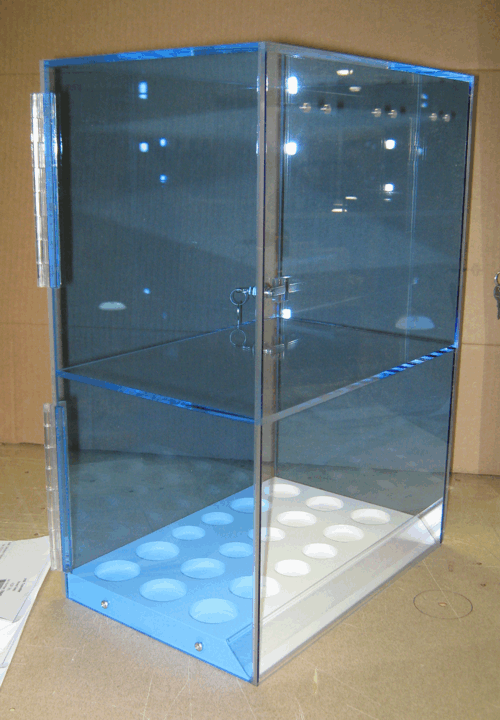 Transparent blue acrylic display case on a white base in a cardboard box.