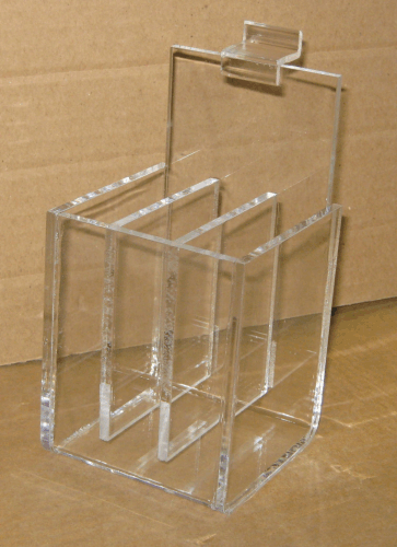 Clear acrylic hanging file organizer with three compartments, shown against a cardboard background.