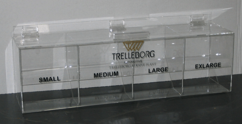 Clear plastic display case with four labeled compartments: small, medium, large, extra large.