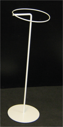 White metal display stand with a circular base and oval top on a dark background