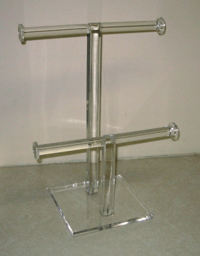 Clear acrylic lab display stand with horizontal rods on a square base