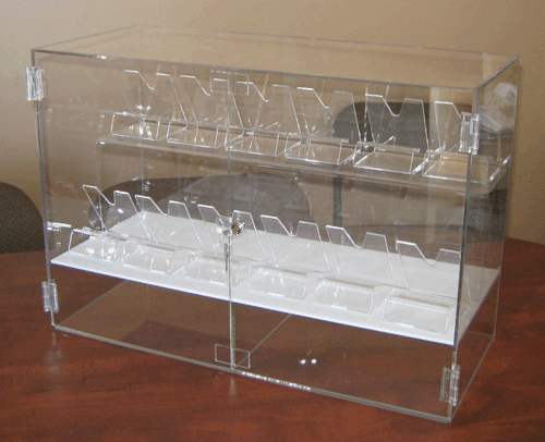Clear acrylic display case with two shelves of angled brochure holders on a table