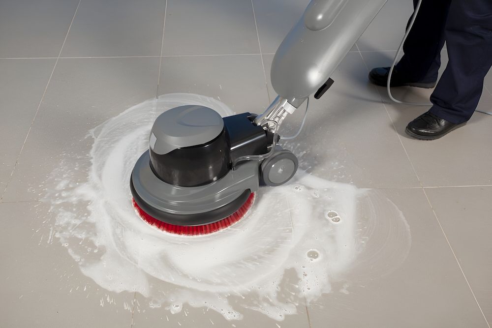 A Person Is Cleaning A Tiled Floor With A Machine — Crystal Clear In Armidale, NSW