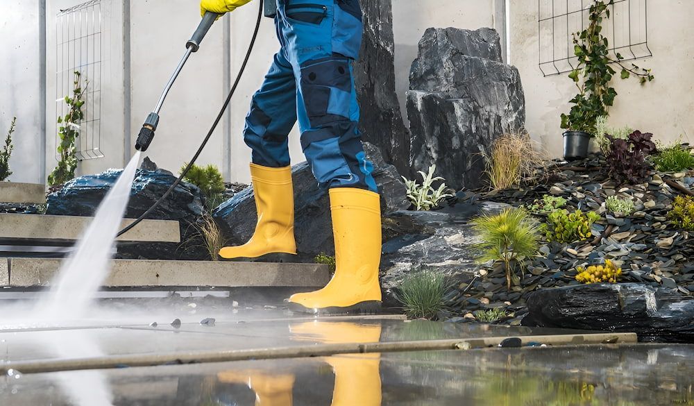 A Man In Yellow Boots Is Using A High Pressure Washer To Clean A Sidewalk — Crystal Clear In Armidale, NSW