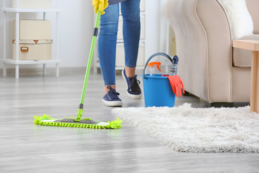 A Woman Is Cleaning The Floor In A Living Room With A Mop And Bucket — Crystal Clear In Uralla, NSW