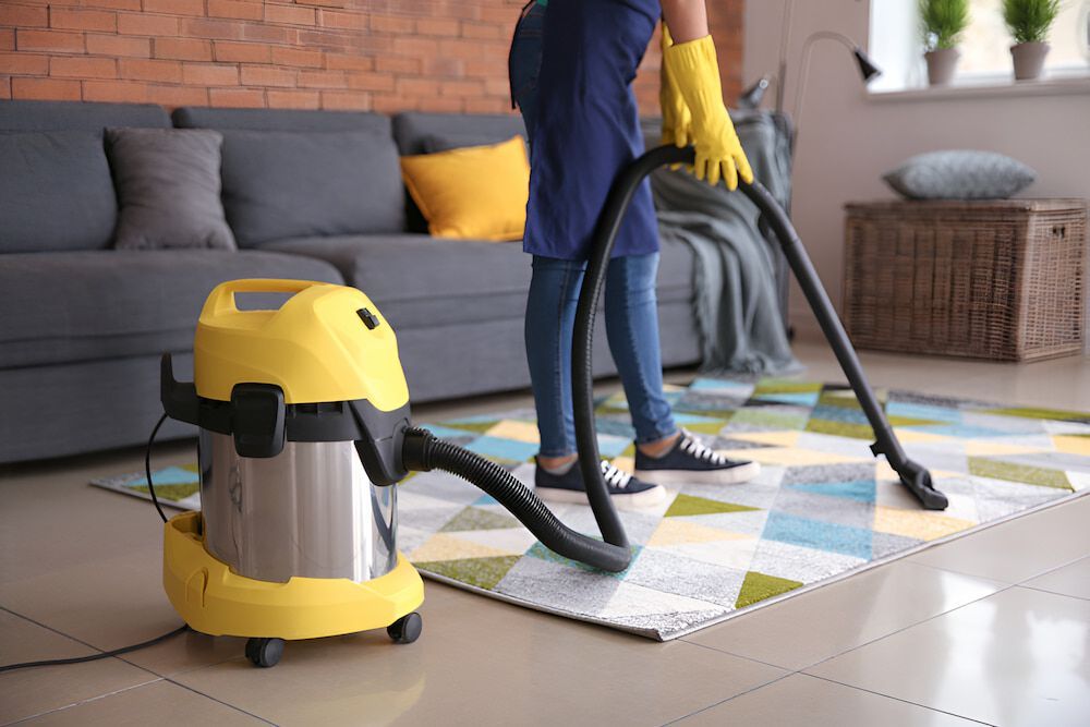 A Woman Is Using A Vacuum Cleaner To Clean A Rug In A Living Room — Crystal Clear In Armidale, NSW