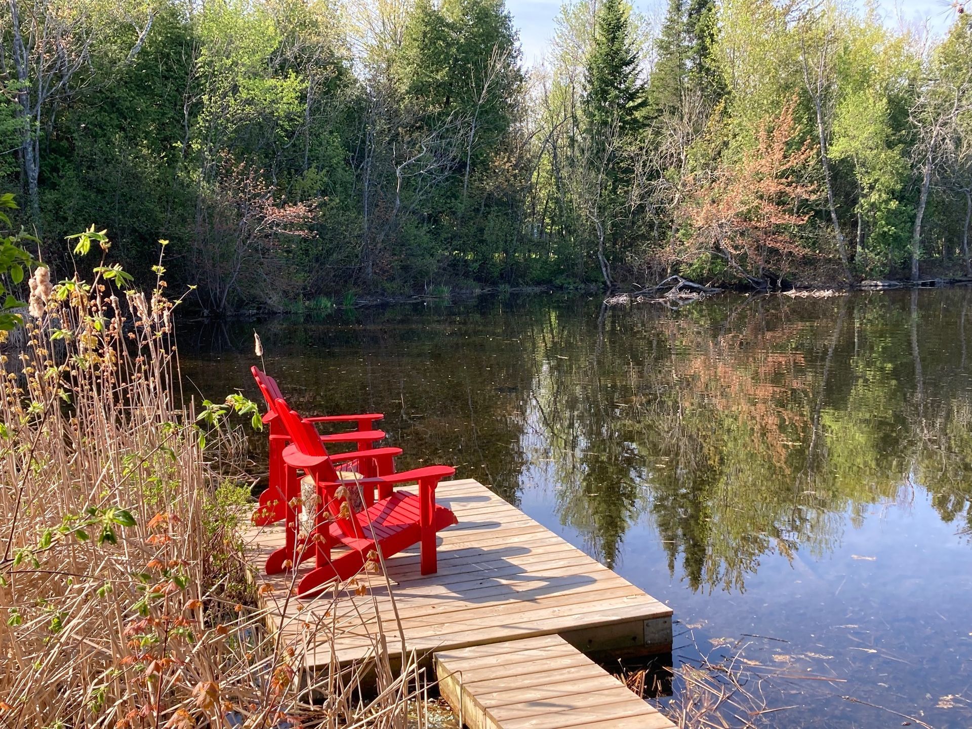 Two red chairs are sitting on a dock next to a lake.