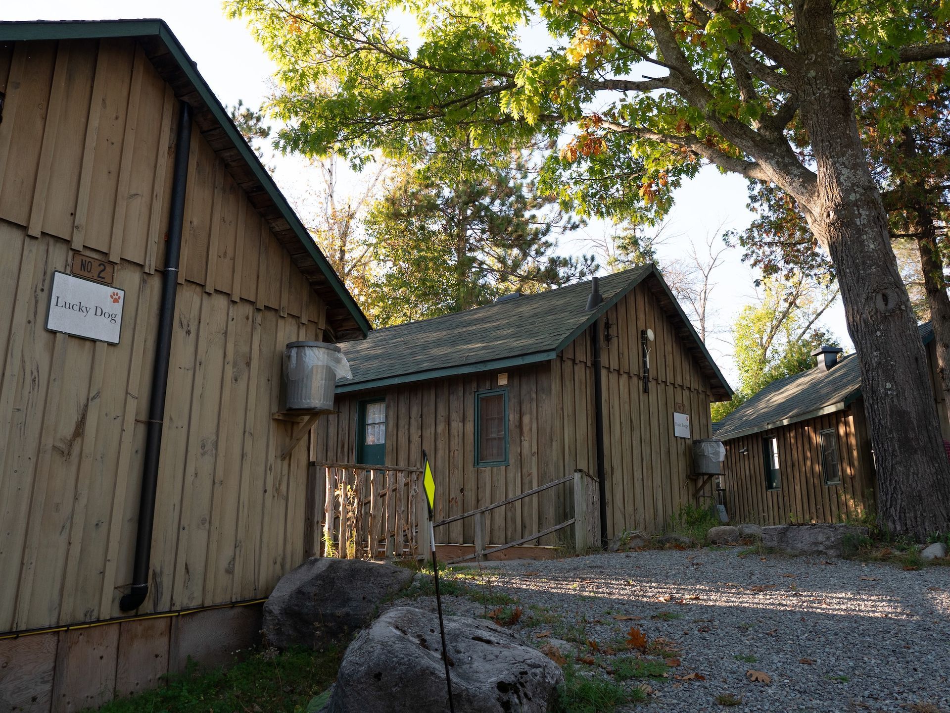 Wooden cabins at a campsite, nestled among trees. Gray rocks and a gravel path lead to the buildings.
