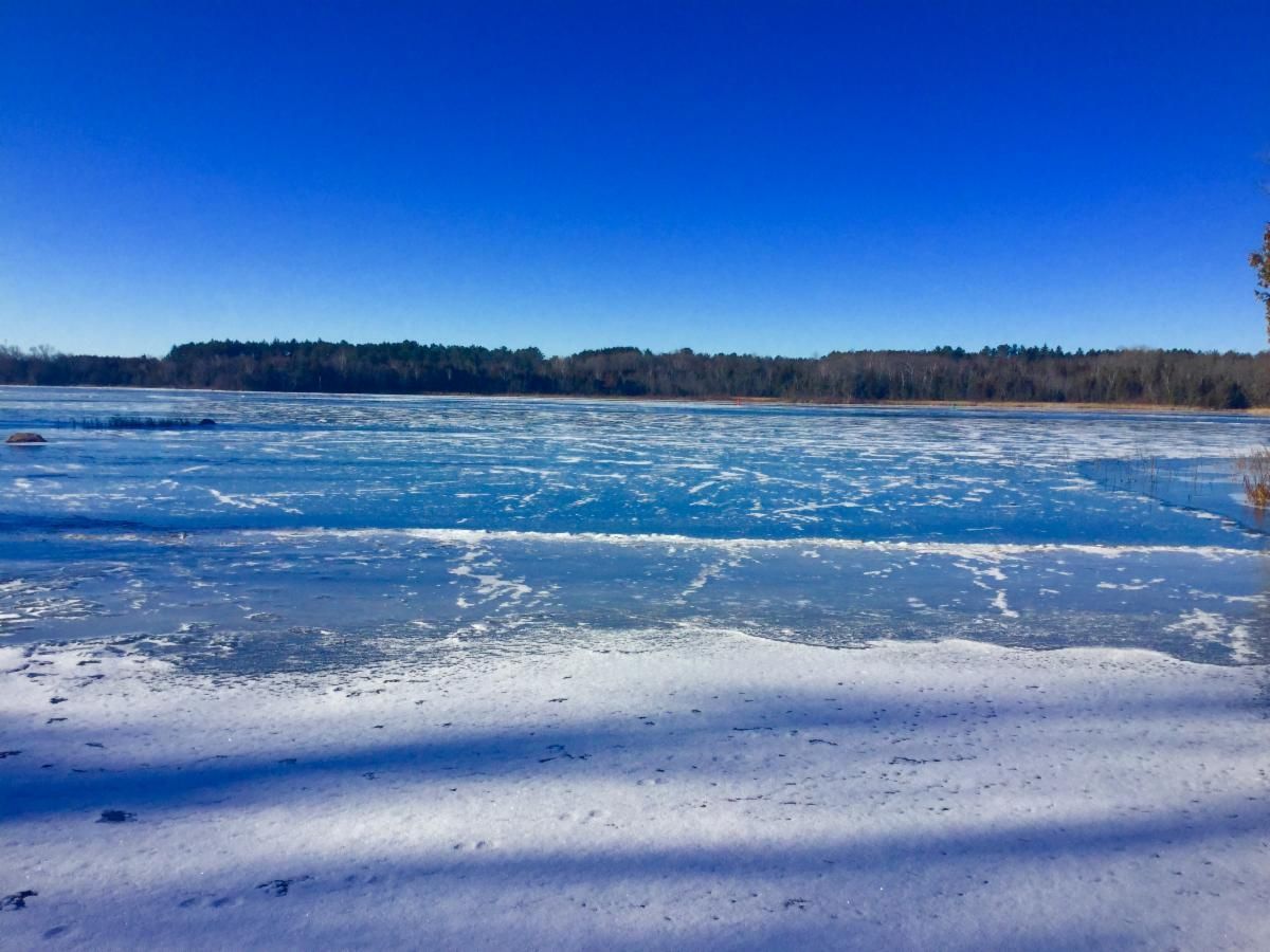 A frozen lake with trees in the background on a sunny day
