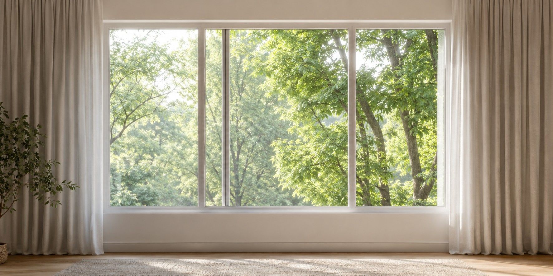 A cozy room with a window and a rug, designed for home cooling and comfort.