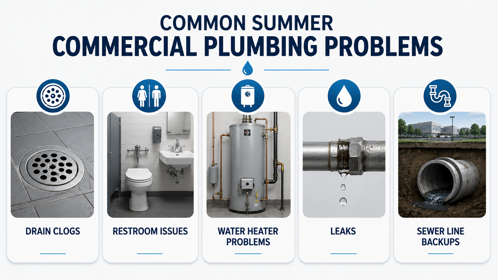 Infographic showing common summer plumbing problems for commercial buildings including clogged drains, restroom issues, water heater problems, leaks, and sewer line backups.