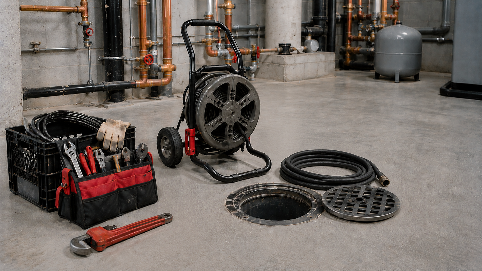 Plumber performing a sewer camera inspection in a commercial building to identify underground pipe