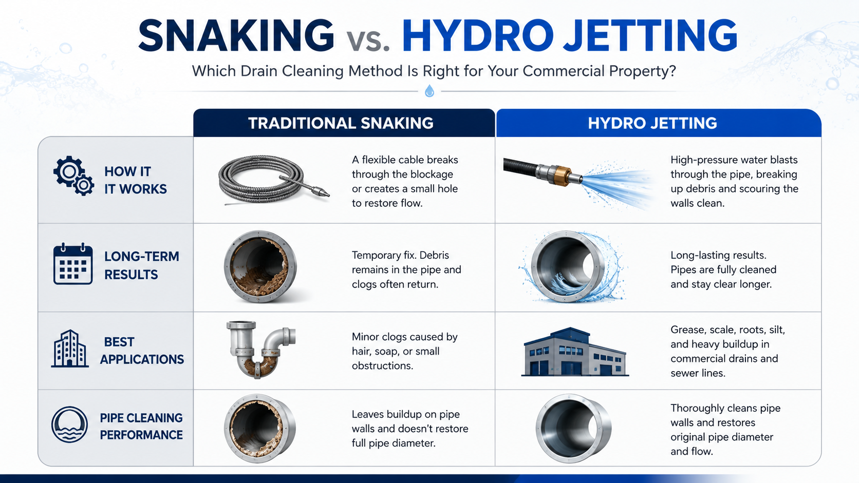 Comparing Snaking vs hydro jetting drain cleaning