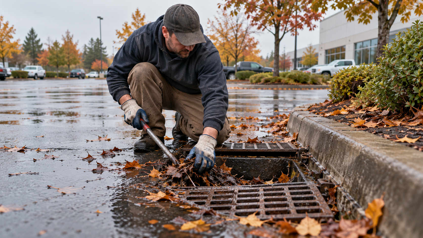 Catch basin cleaning service clearing leaves and debris in Western MA