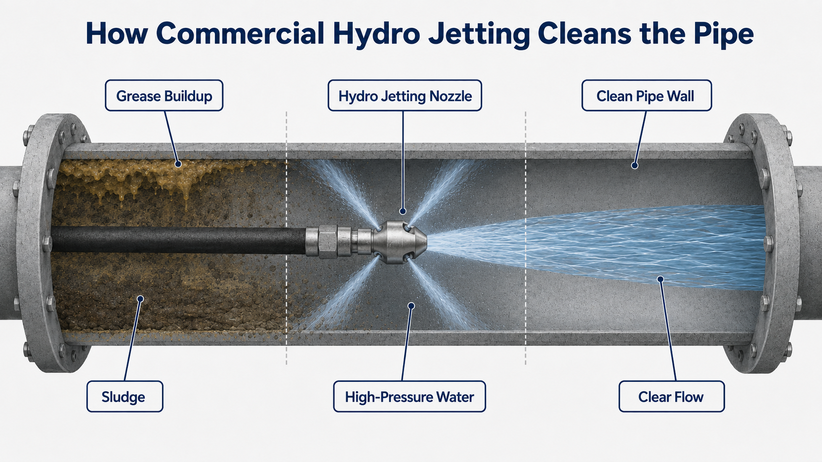 Commercial hydro jetting cleaning grease and sludge from a drain pipe in Western MA