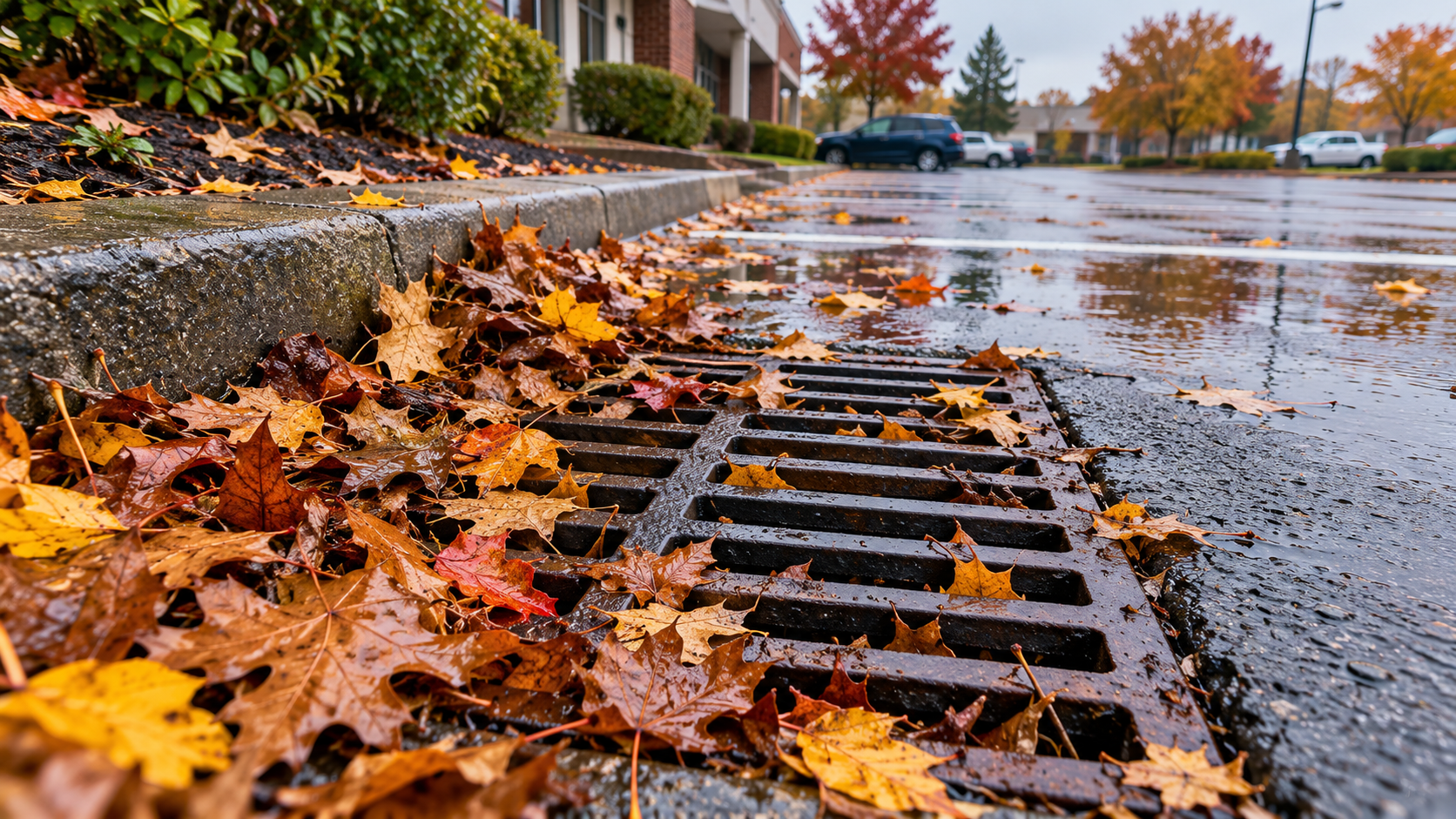 Fall leaves clogging a catch basin grate at a Western MA commercial property