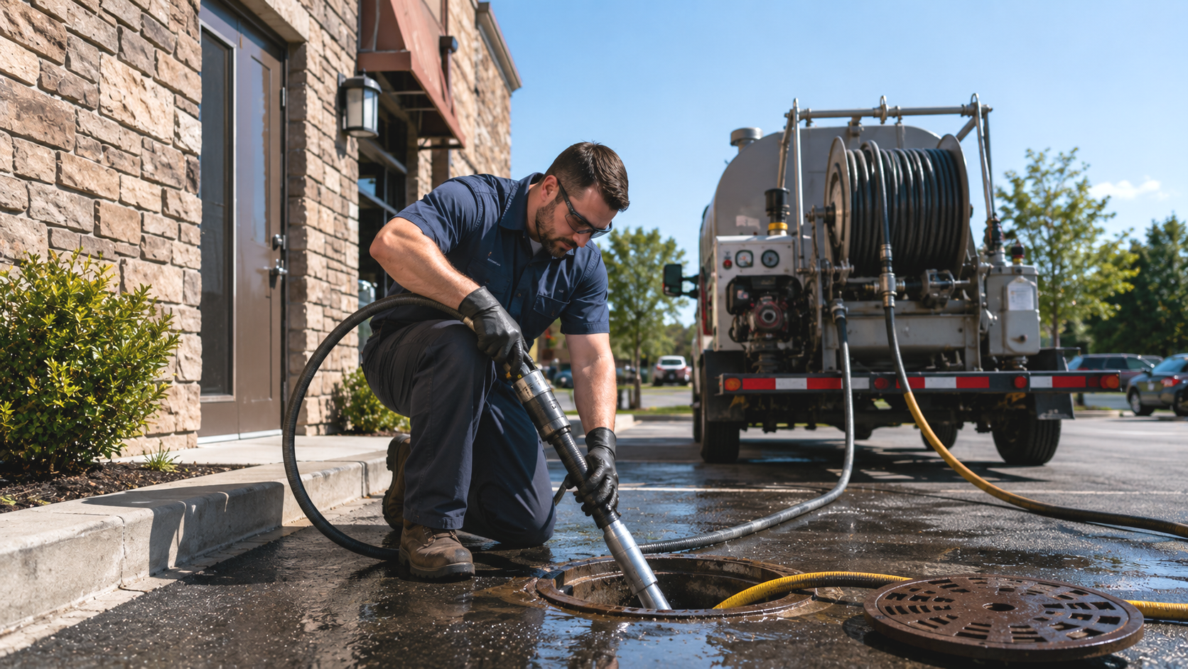 parking lot hydro jetting drain cleaning