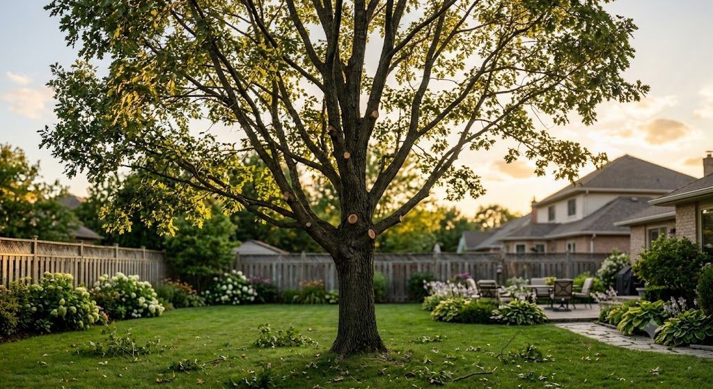 Backyard with a large tree, green lawn, flower beds, and a house at sunset