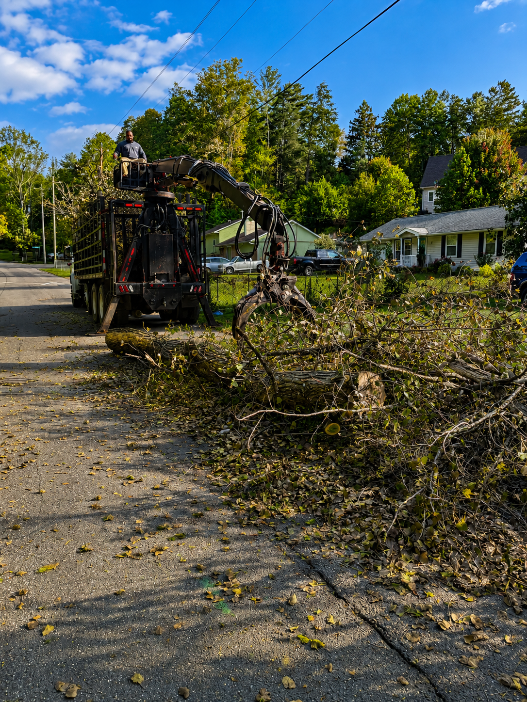 Tree-trimming truck clearing cut branches along a sunny residential street