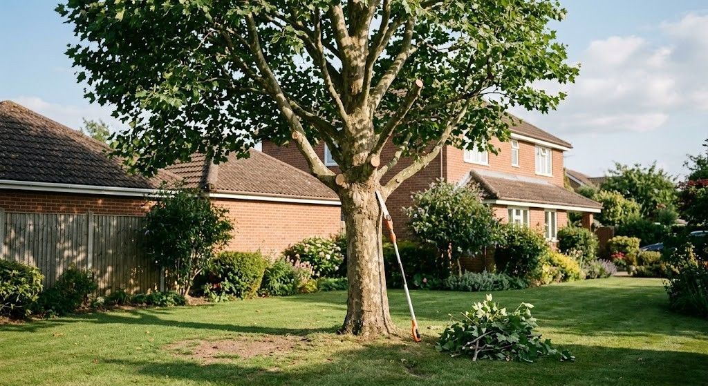 Sunny backyard with a large tree, green lawn, and houses in the background