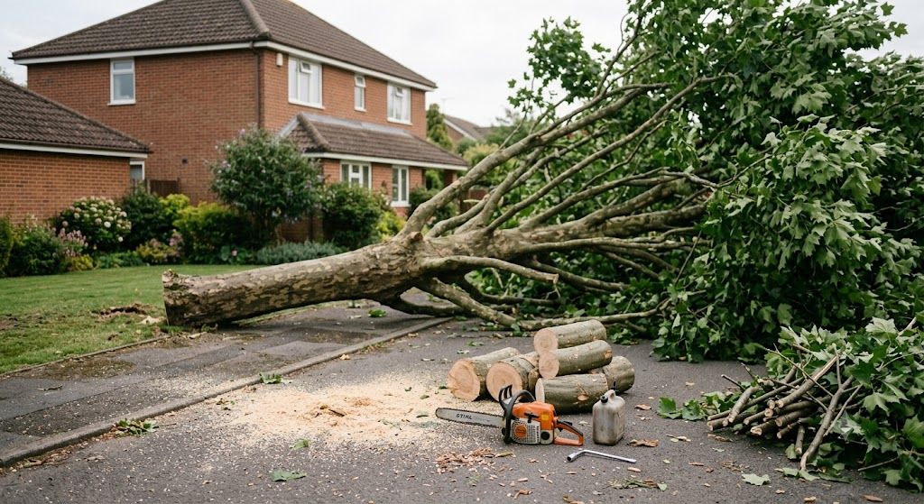 Fallen tree blocking a suburban street, with branches and debris near a brick house.